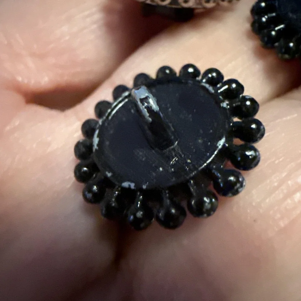 Vintage Incredible Rare GlassPainted Shank Buttons-Heart,Bow&Cross-Black/Silver